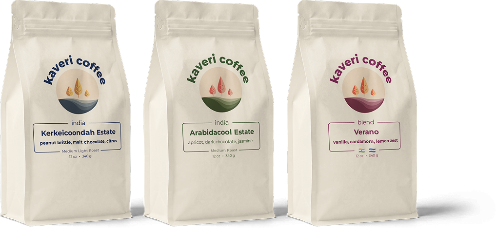 Three Kaveri Coffee pouches with labels Lulu designed for a local coffee brand.
