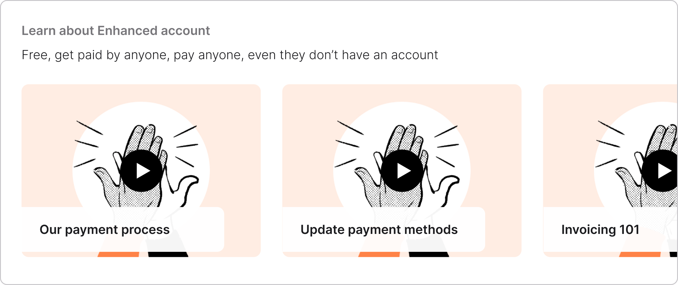 Concept A: a row of video tutorial cards covering the payment process, updating payment methods, and invoicing.