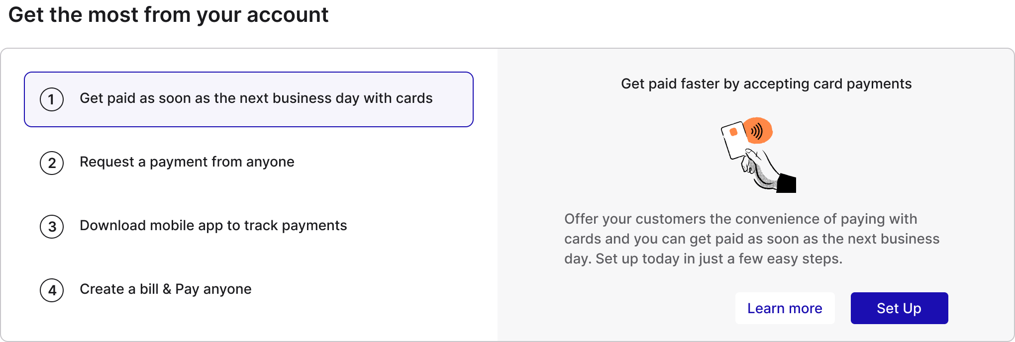 Concept A: next best actions listed vertically with a promotional card for card payments beside it.