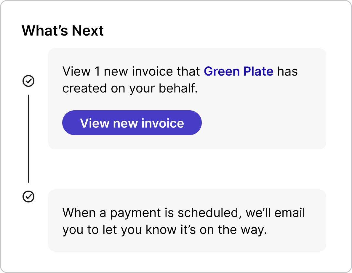 What's Next card showing an invoice created on the receiver's behalf, with a link to view it.