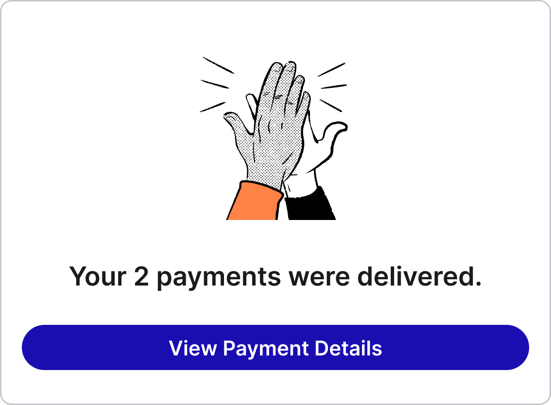 Card confirming two payments were delivered.