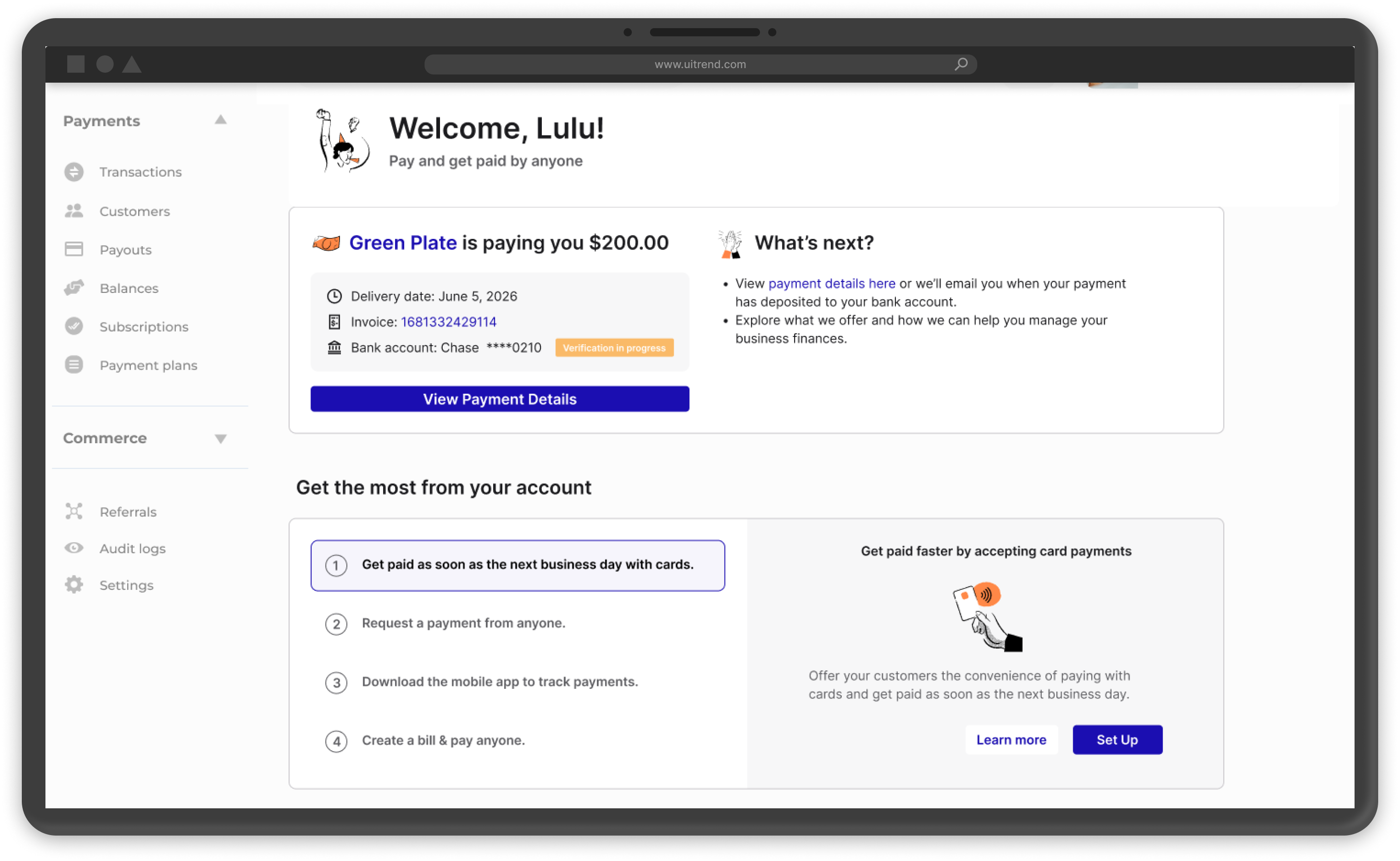 Concept A: the Get Started page leading with the payment card and a next-steps list.